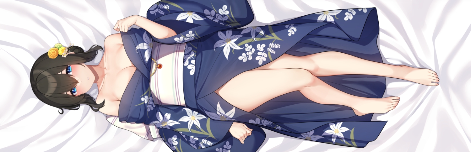 barefoot, black_hair, blue_eyes, blush, breasts, cleavage, cropped, go-1