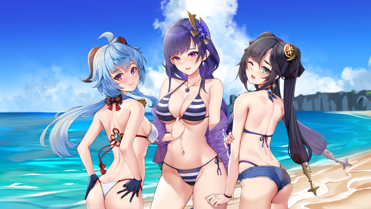 ass, bikini, ganyu_(genshin_impact), genshin_impact, horns, long_hair, matrix16, mona_megistus, purple_eyes, purple_hair, raiden_shogun, short_hair, swimsuit