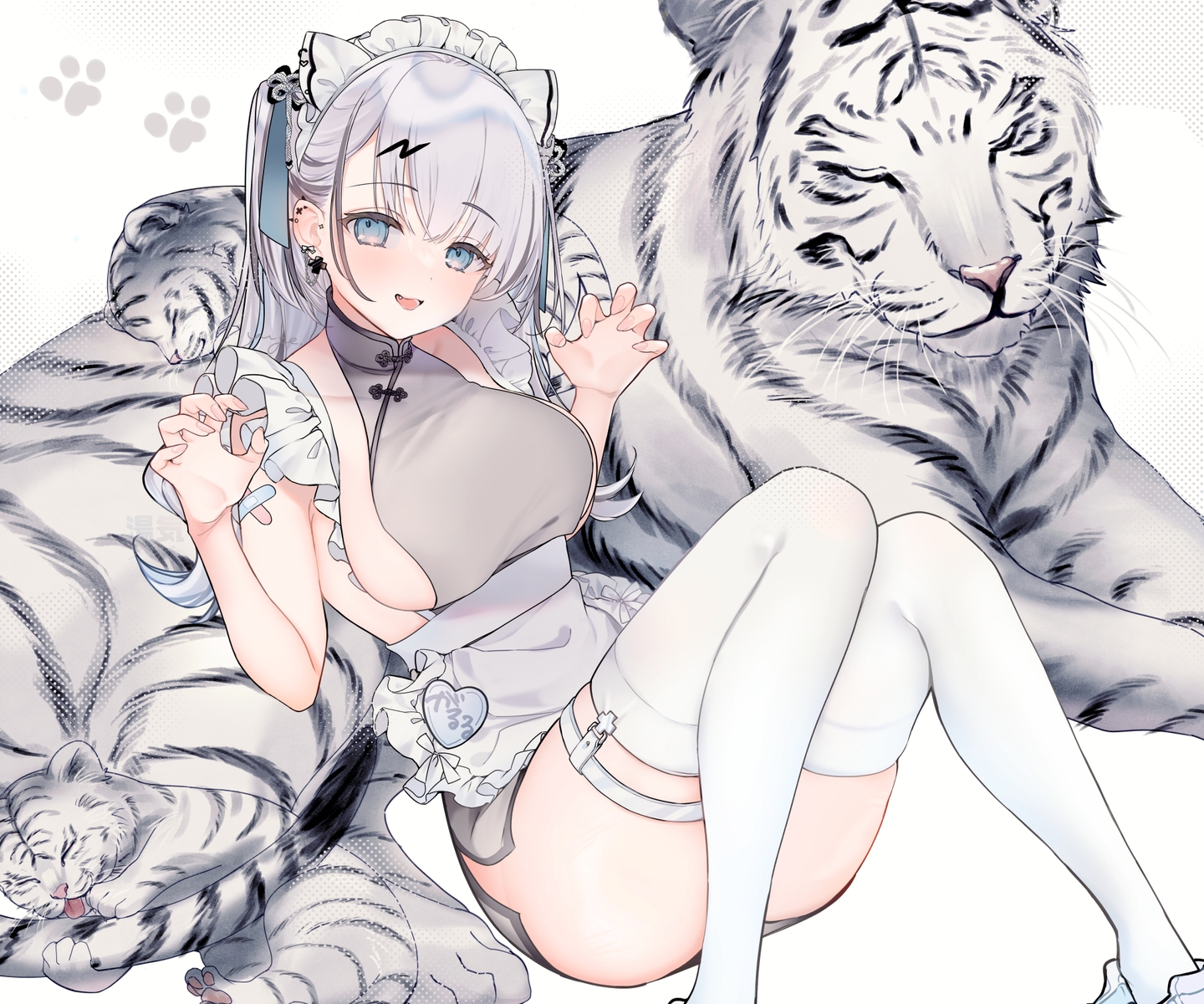 animal, apron, bandaid, breasts, catgirl, cat_smile, chinese_clothes, chinese_dress