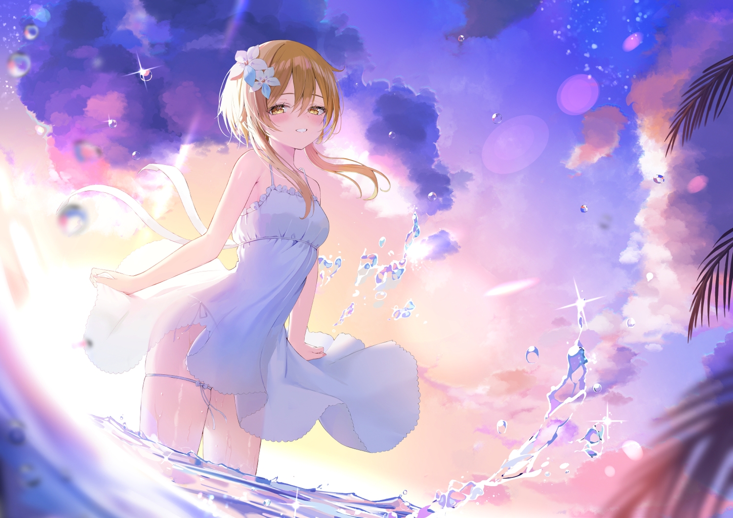 akie_(44265104), aliasing, blonde_hair, clouds, dress, garter, genshin_impact, lumine_(genshin_impact), sky, sunset, water, yellow_eyes