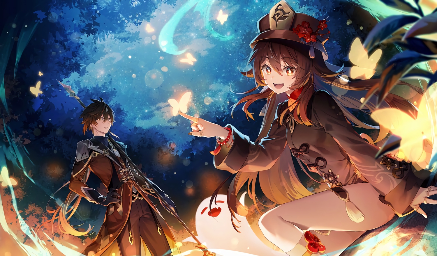 armor, brown_eyes, brown_hair, butterfly, chinese_clothes, elbow_gloves, forest, genshin_impact