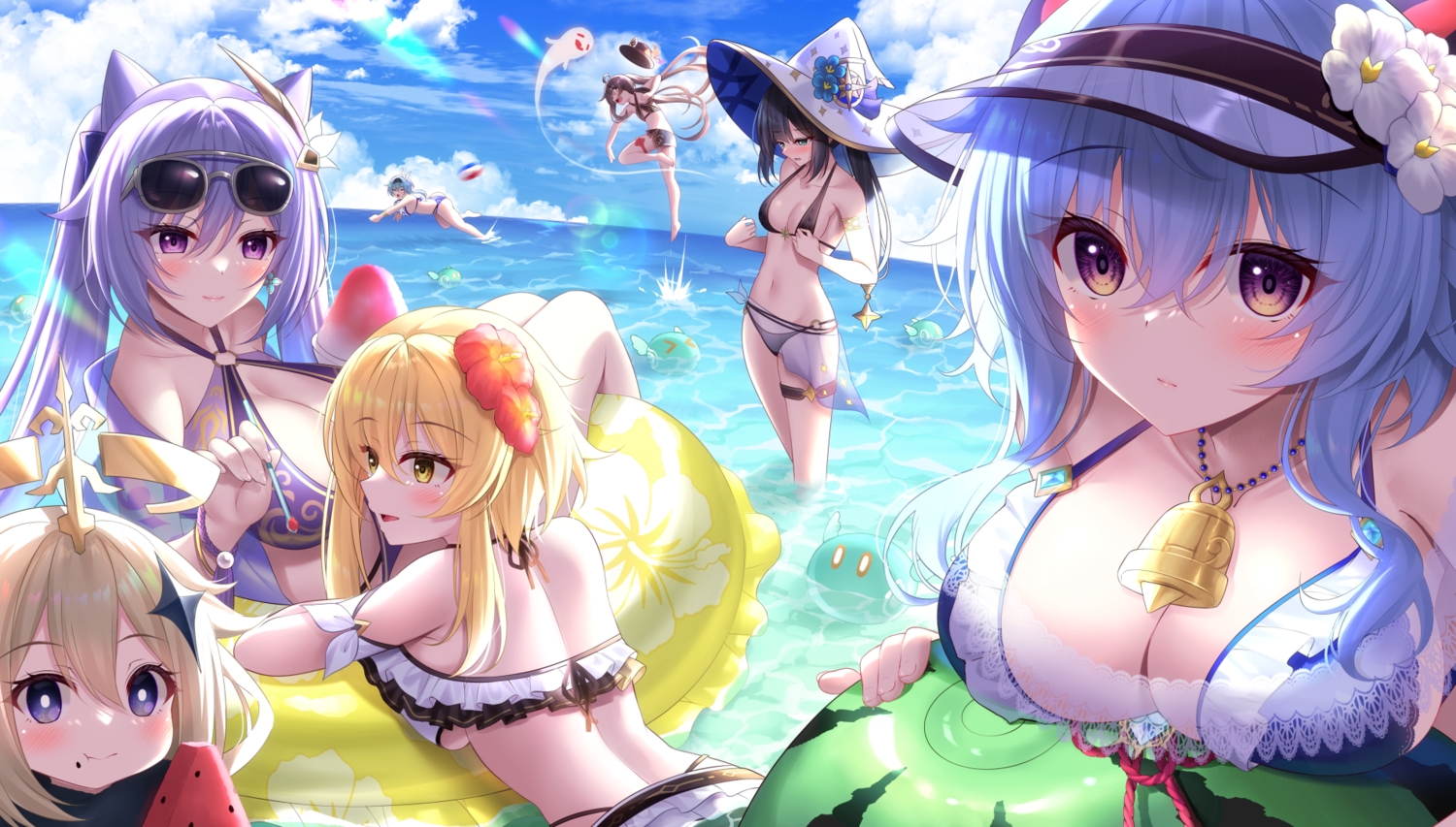 ball, bikini, eula_lawrence, food, fruit, ganyu_(genshin_impact), genshin_impact, group
