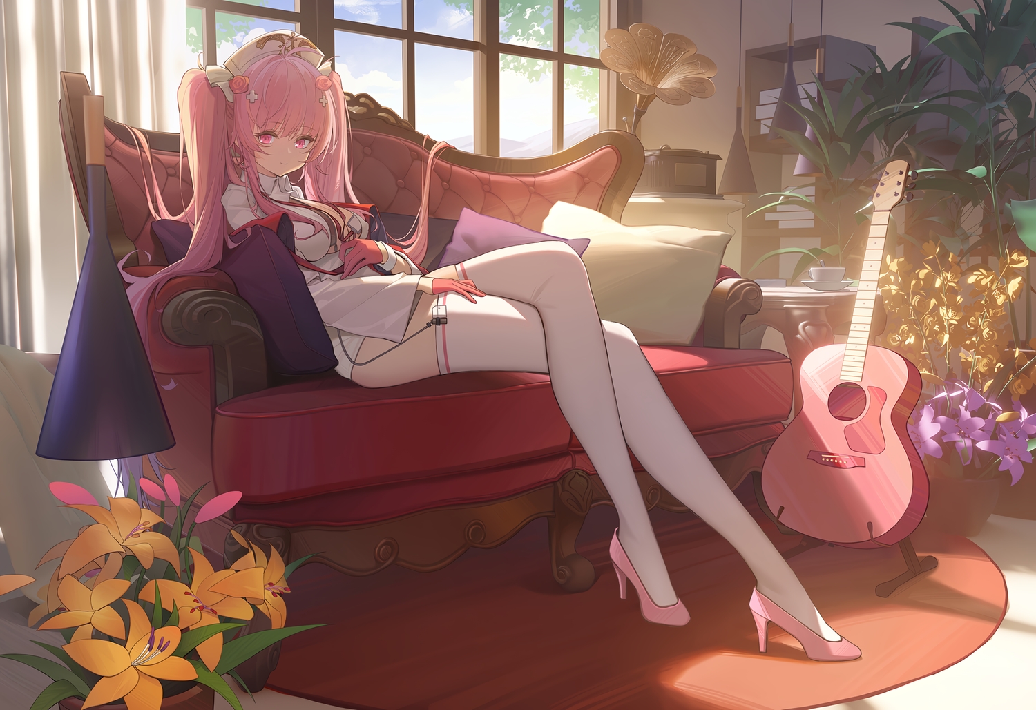anthropomorphism, azur_lane, breasts, catsmoon, cleavage, couch, flowers, gloves