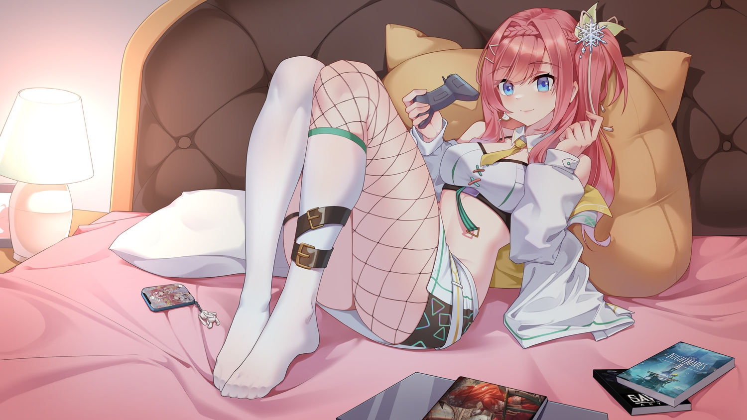 aluo_7762, bed, blue_eyes, braids, game_console, long_hair, original, pink_hair, ponytail, skirt, tie