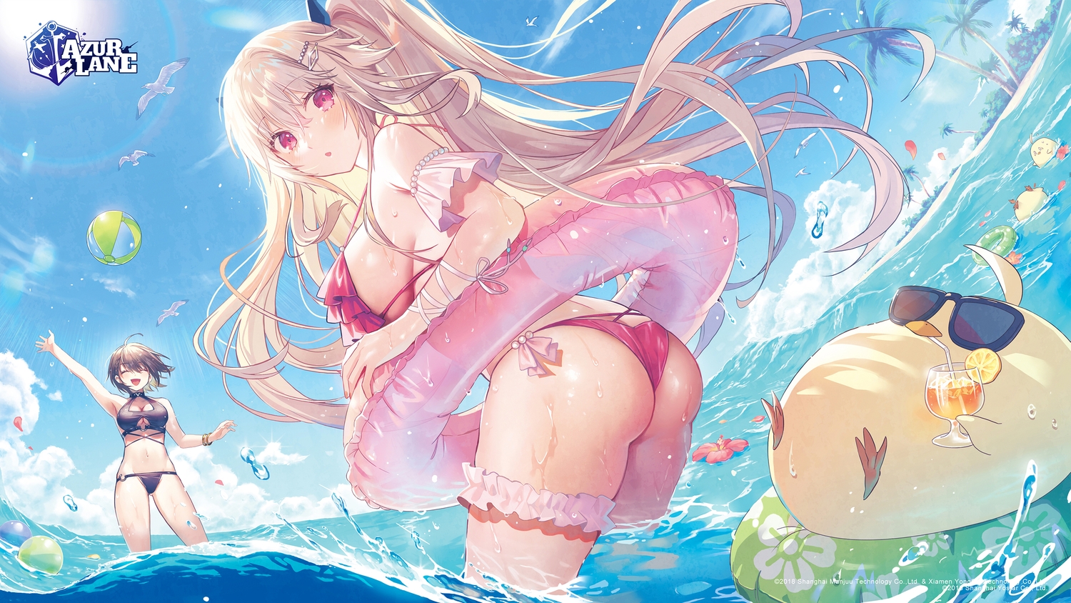 2girls, anchorage_(azur_lane), animal, anthropomorphism, ass, azur_lane, ball, baltimore_(azur_lane)