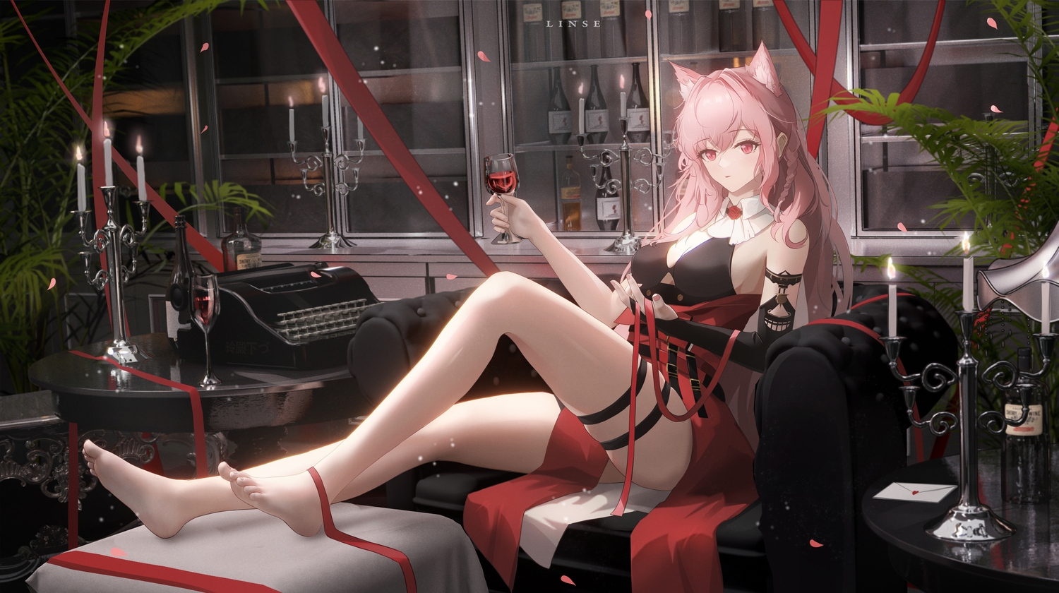 3d, animal_ears, arknights, barefoot, drink, ling_dianxia, long_hair, pink_eyes