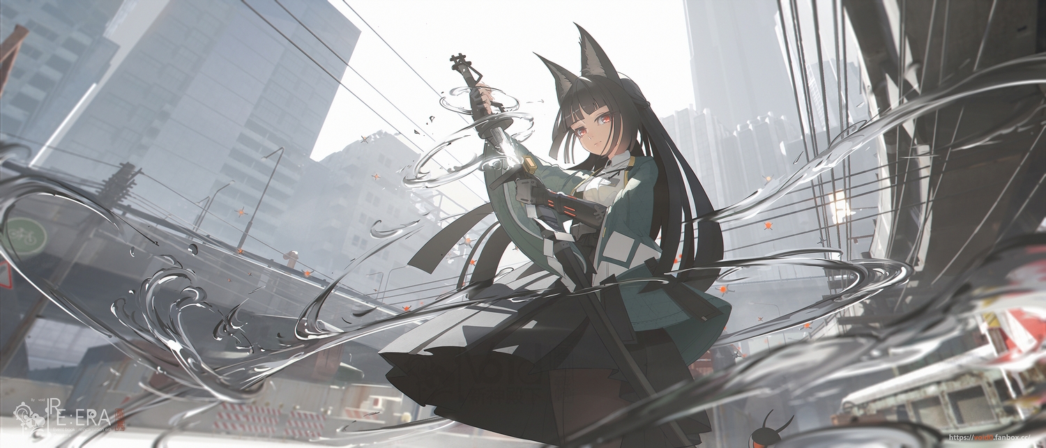 animal_ears, black_hair, building, foxgirl, gloves, katana, long_hair, magic, miyabi_(zenless_zone_zero), pantyhose, red_eyes, skirt, sky, sword, void_0, water, watermark, weapon, zenless_zone_zero