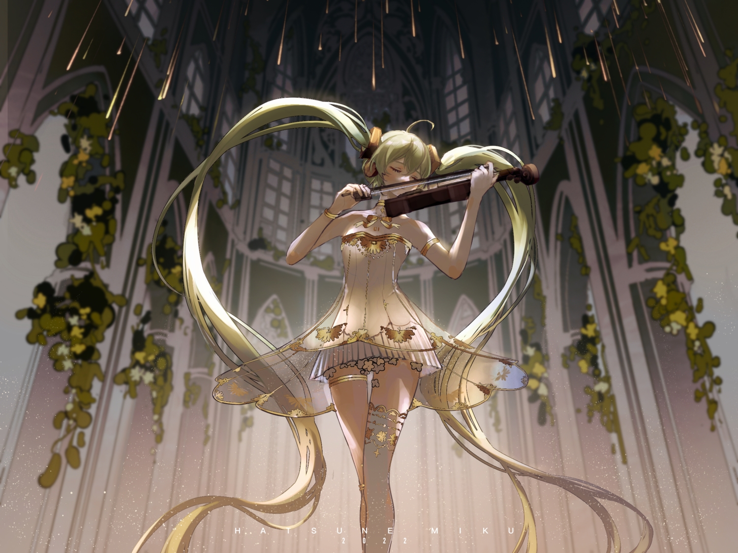 aliasing, bow, choker, dress, flat_chest, garter, green_hair, hatsune_miku