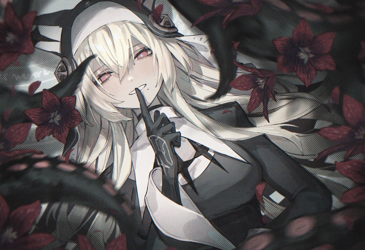 animal_ears, blonde_hair, blush, flowers, gloves, hat, long_hair, mephist-pheles