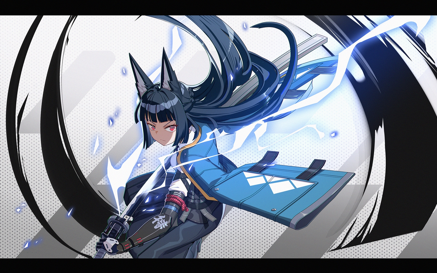 animal_ears, armor, black_hair, braids, cape, foxgirl, gradient, hamachi_hazuki, japanese_clothes, katana, long_hair, magic, miyabi_(zenless_zone_zero), red_eyes, samurai, sword, techgirl, weapon, zenless_zone_zero