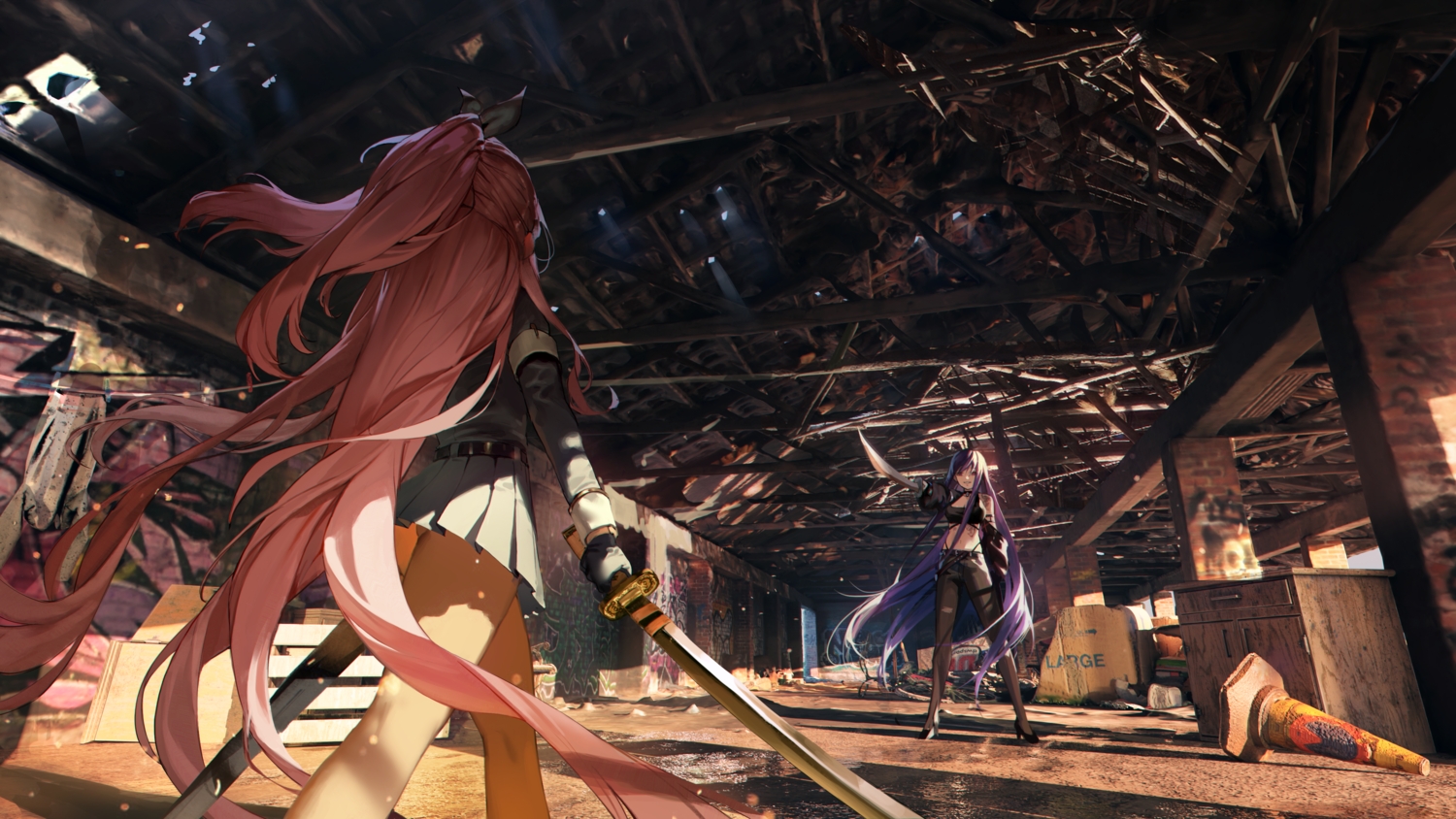 2girls, 3d, katana, long_hair, mmlyno, original, pink_hair, purple_hair, ruins, school_uniform, skirt, sword, weapon