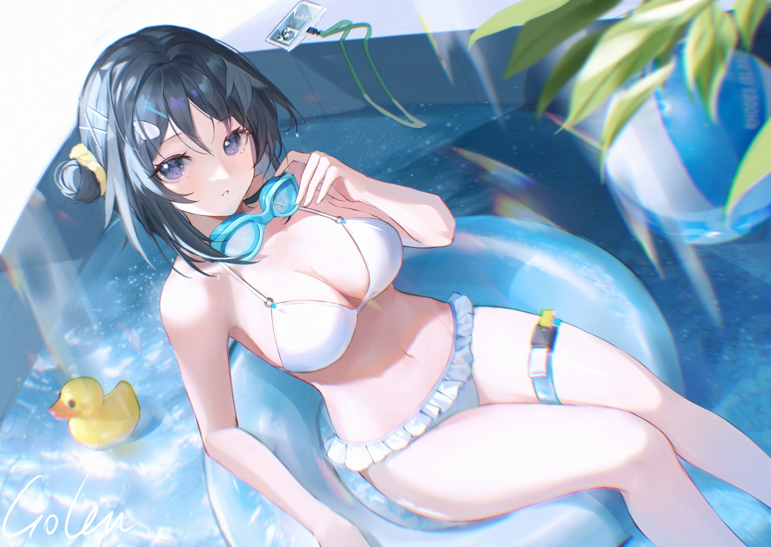 arknights, ball, bikini, black_eyes, black_hair, breasts, garter, goggles, golem_(he_ji_gao), la_pluma_(arknights), navel, pool, rubber_duck, short_hair, signed, swimsuit, water