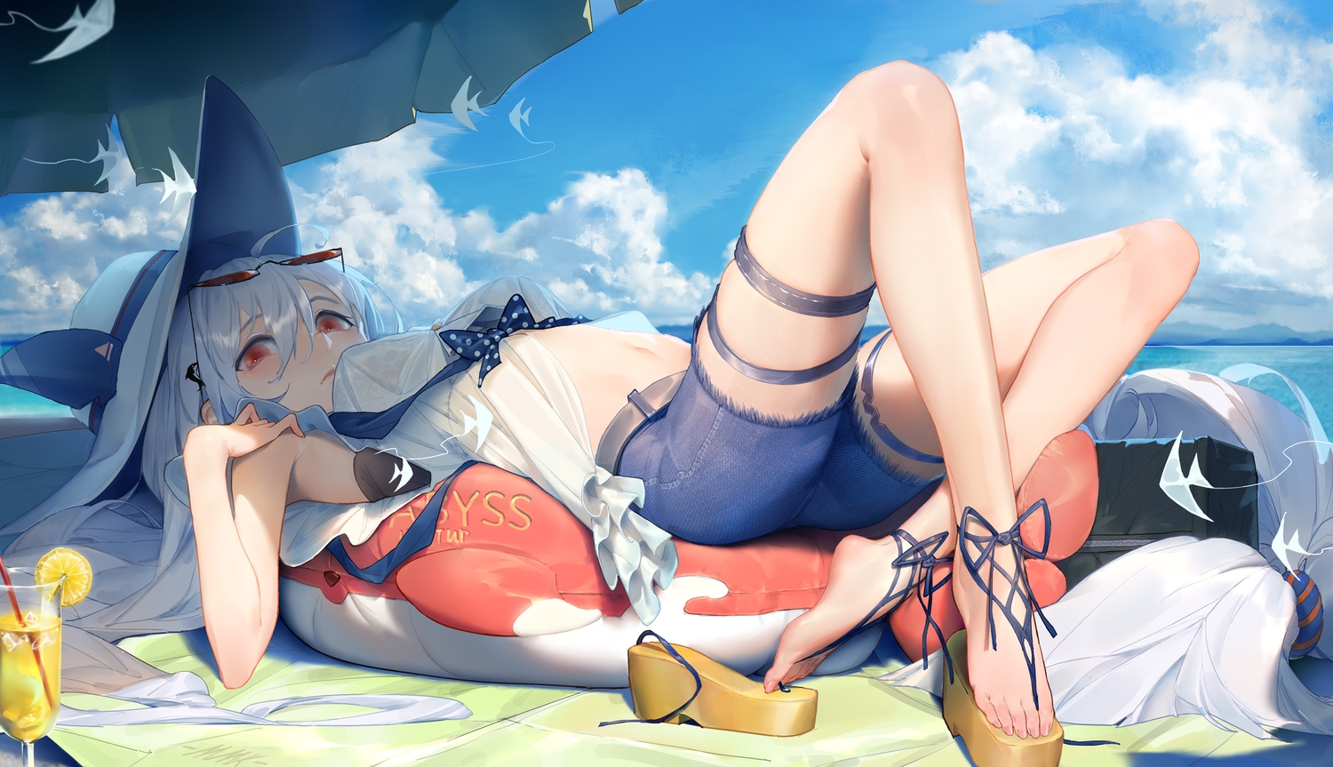 arknights, beach, canzhajiang, clouds, hat, skadi_(arknights), sky