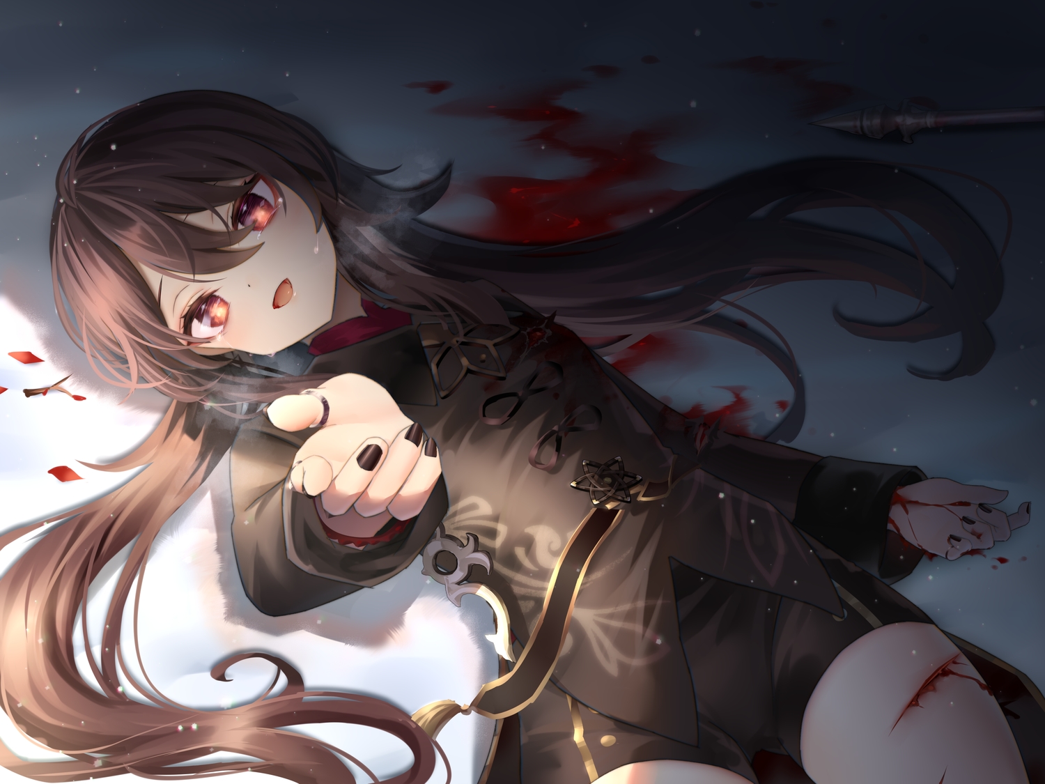 blood, brown_hair, genshin_impact, hu_tao_(genshin_impact), long_hair, neit_ni_sei, red_eyes, shorts