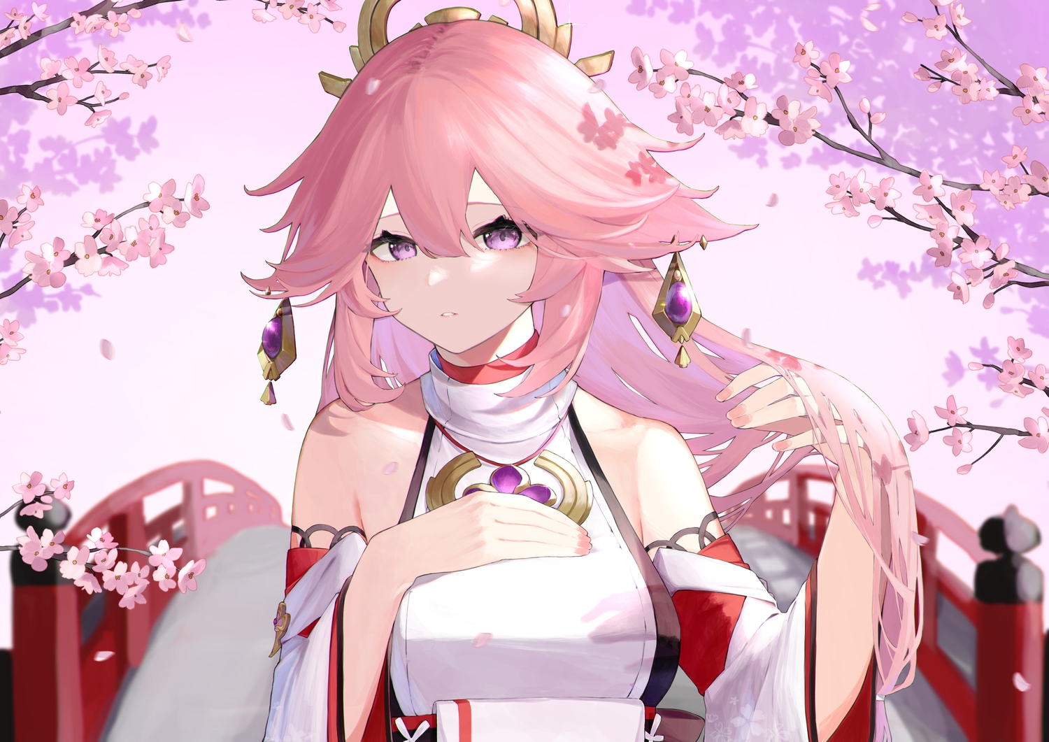 animal_ears, breast_hold, cherry_blossoms, close, flowers, food, foxgirl, fruit