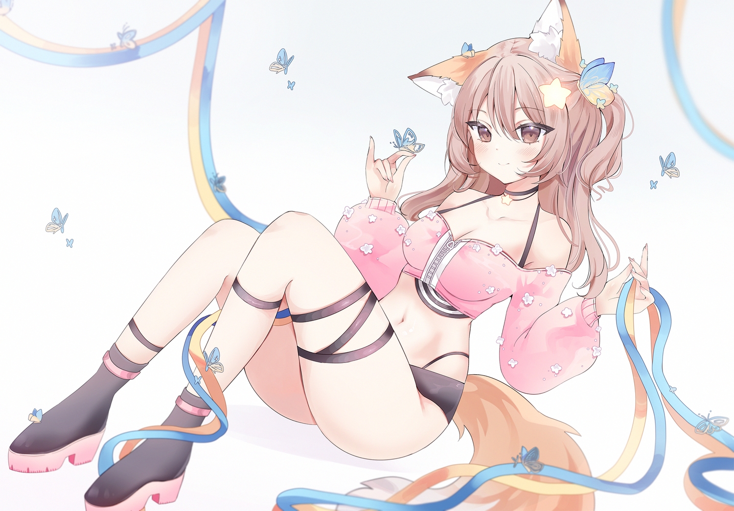 animal_ears, annytf, anyuu, boots, breasts, brown_eyes, brown_hair, butterfly, choker, cleavage, foxgirl, garter, long_hair, navel, ribbons, tail