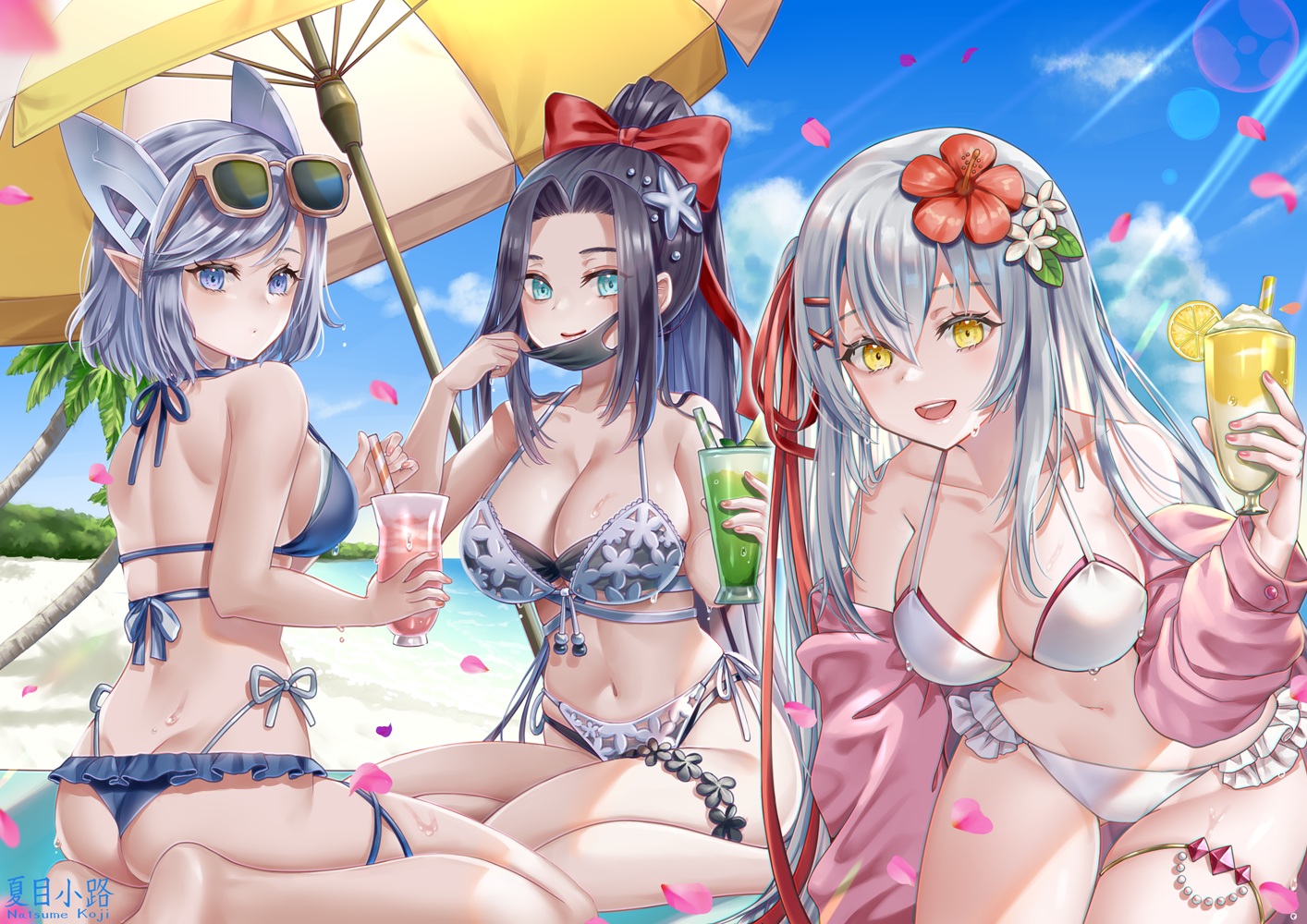 akashic_chronicle, amaterasu_(akashic_chronicle), ass, barefoot, bikini, clouds, drink, eudora_(akashic_chronicle), gray_hair, hanabi_(akashic_chronicle), long_hair, mask, natsume_koji, navel, petals, pointed_ears, ponytail, sky, swimsuit, tree, water, watermark, yellow_eyes