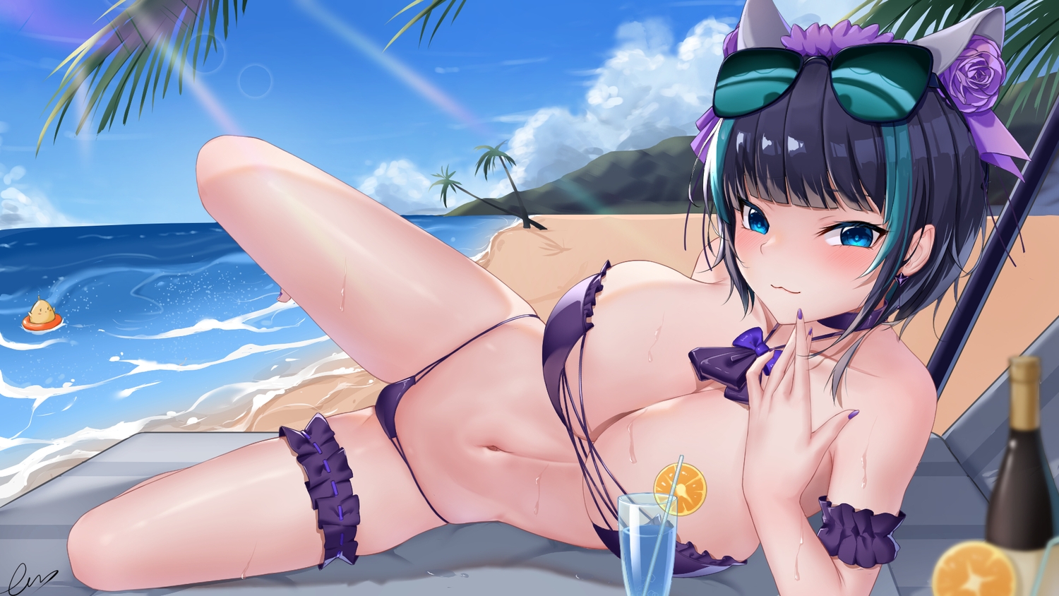 animal, anthropomorphism, azur_lane, beach, bikini, bird, blue_eyes, breasts, cat_smile, cheshire_(azur_lane), cleavage, clouds, drink, error1945, garter, manjuu_(azur_lane), navel, purple_hair, signed, sky, sunglasses, swimsuit