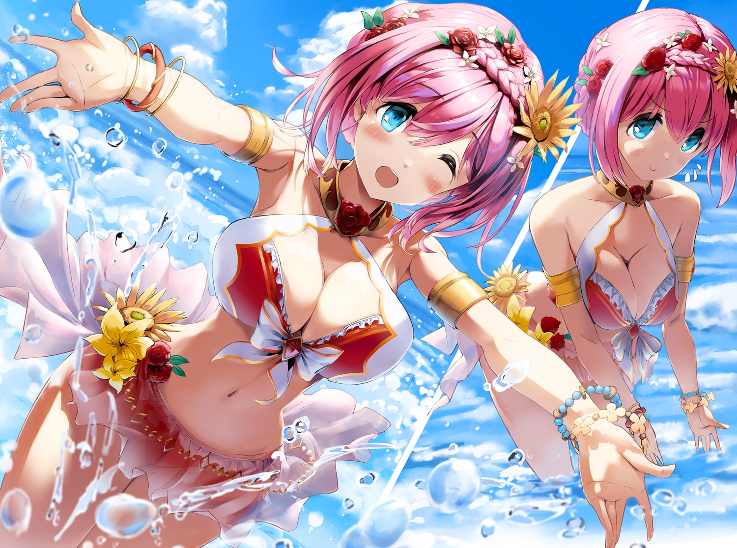 2girls, aqua_eyes, asalilysuke, bikini, breasts, cleavage, clouds, flowers