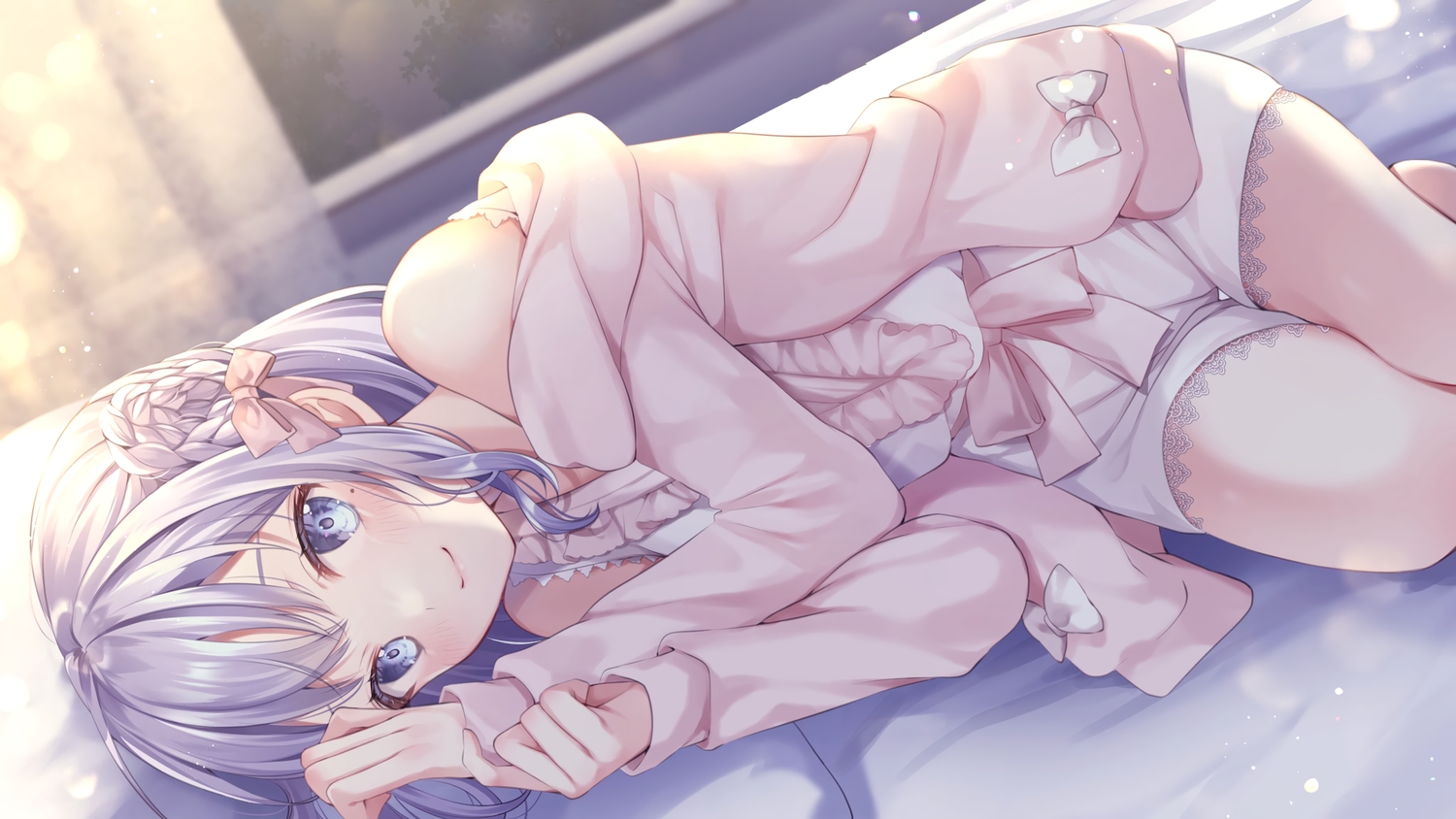 bed, blue_eyes, blush, bow, braids, close, hood, original