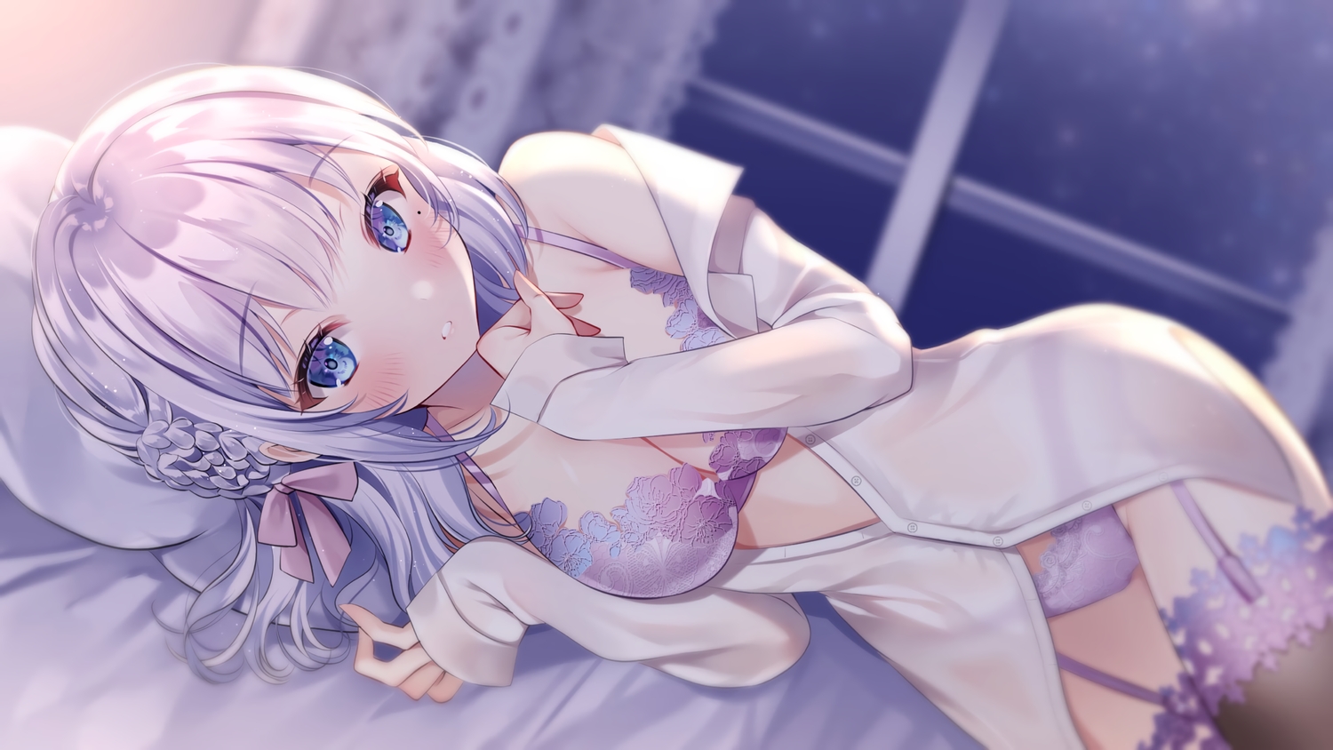 bed, blue_eyes, blush, bra, breasts, cleavage, close, garter_belt