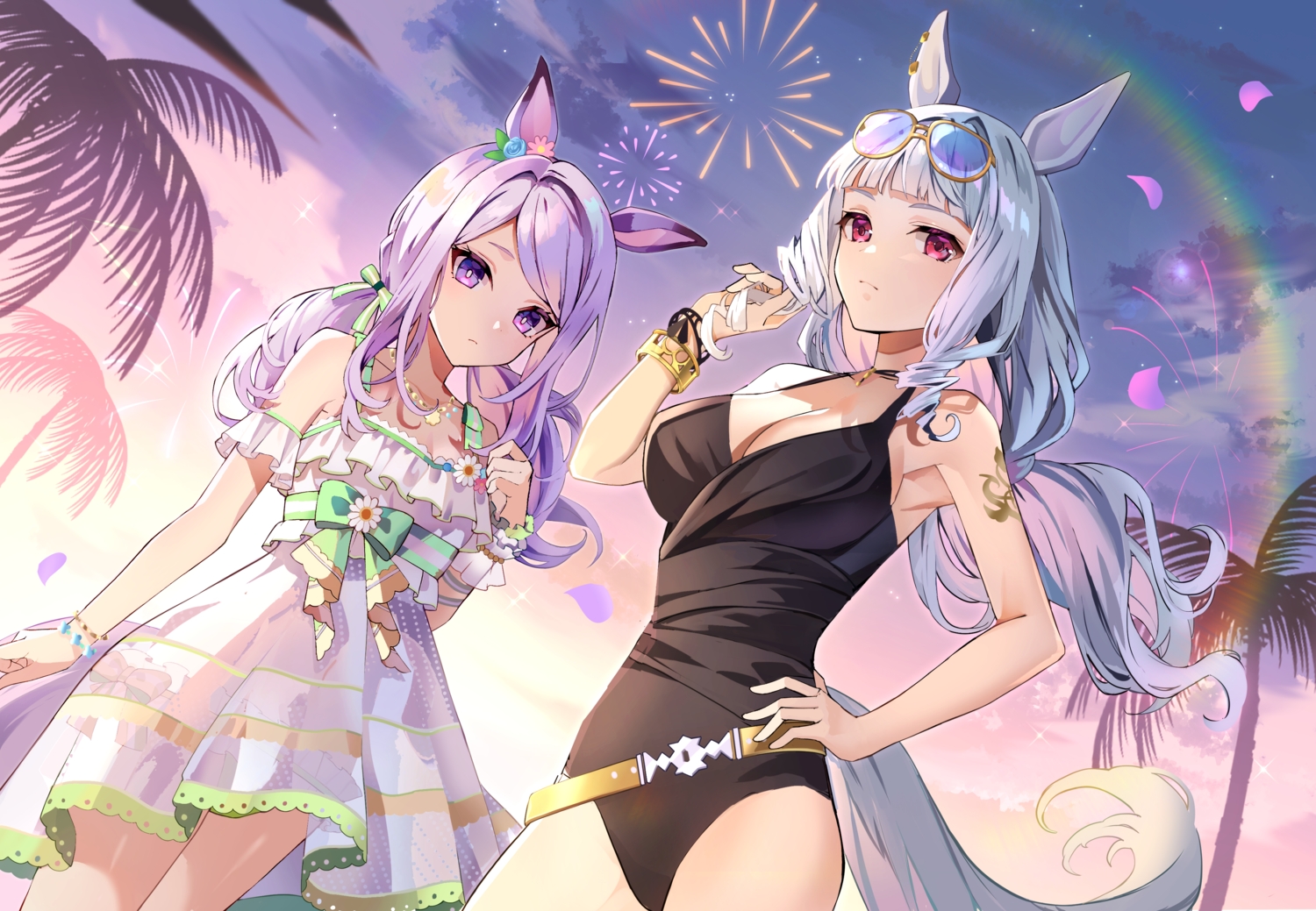 2girls, animal_ears, anthropomorphism, clouds, dress, fireworks, gold_ship_(umamusume), goroo_(eneosu)