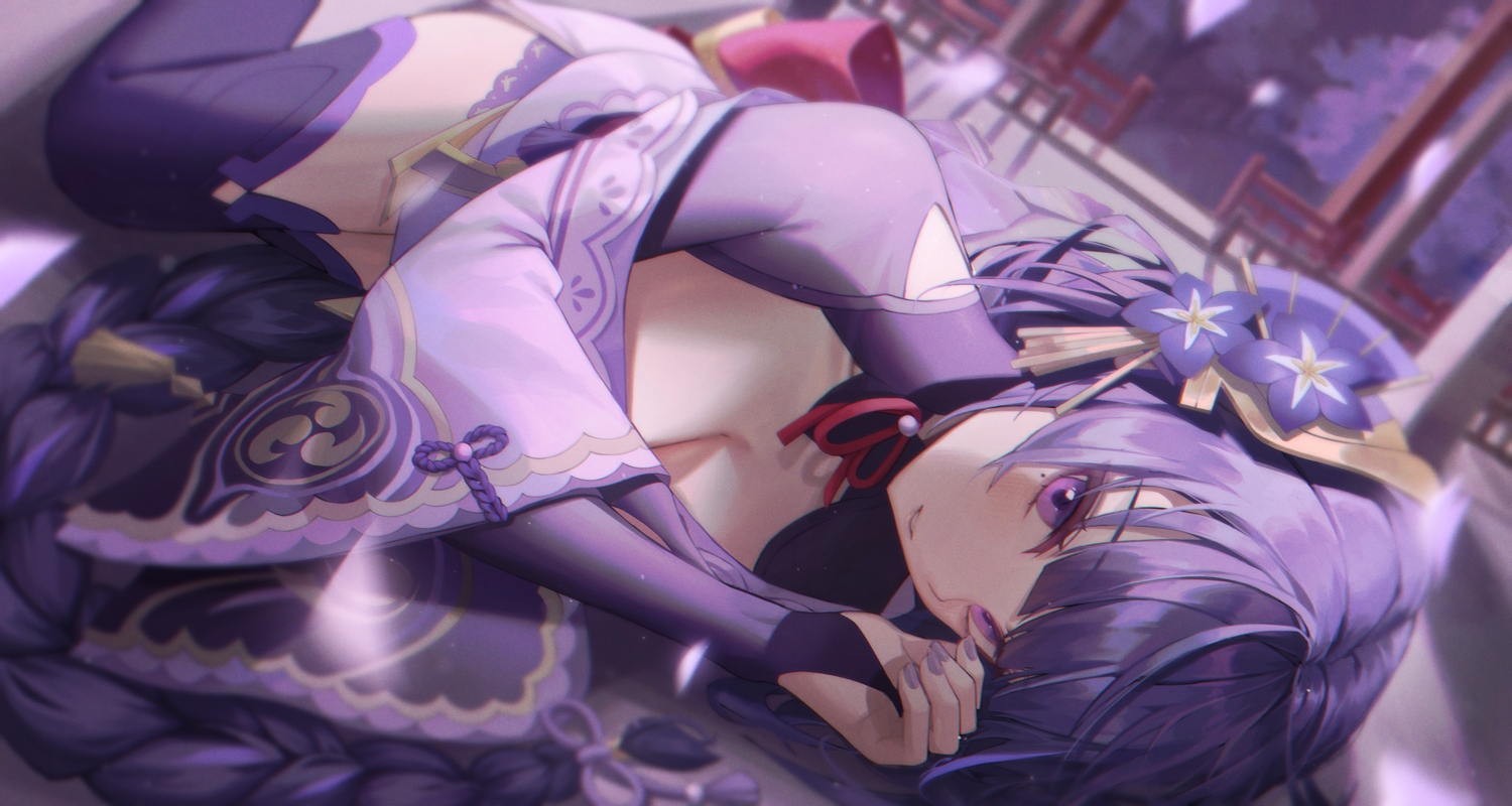braids, breasts, cleavage, close, elbow_gloves, genshin_impact, gloves, japanese_clothes, kongsi, long_hair, ponytail, purple_eyes, purple_hair, raiden_shogun, thighhighs, zettai_ryouiki