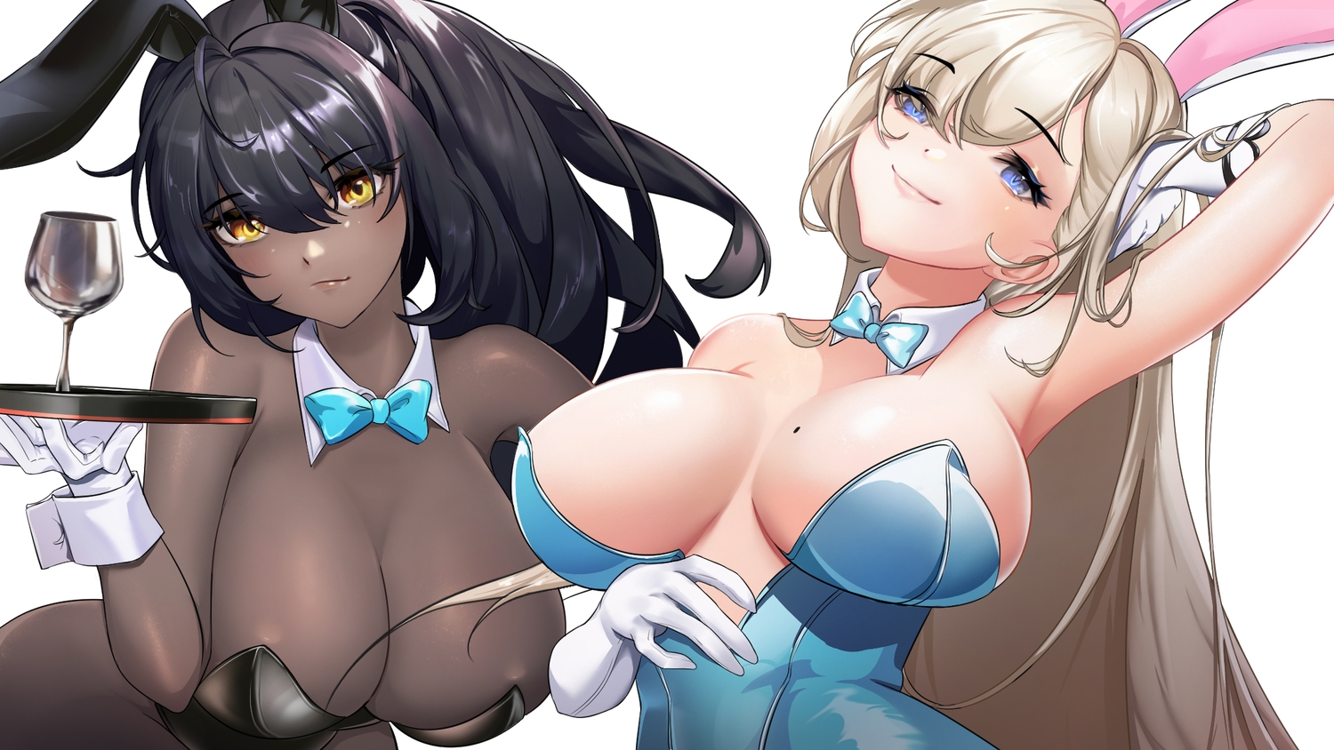 2girls, animal_ears, blue_archive, breasts, bunny_ears, bunnygirl, cleavage, close, dark_skin, ichinose_asuna, kakudate_karin, leotard, tutanigi1901