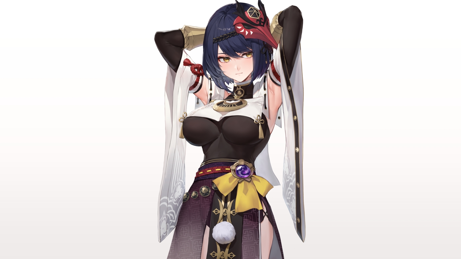 blue_hair, breasts, elbow_gloves, genshin_impact, gloves, gradient, japanese_clothes, kujou_sara