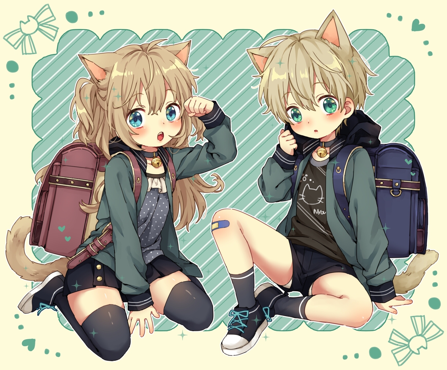 animal_ears, aqua_eyes, bandaid, bell, blonde_hair, blush, catboy, catgirl, collar, green_eyes, hood, kneehighs, loli, long_hair, original, rii_(pixiv11152329), school_uniform, short_hair, shorts, skirt, socks, tail, thighhighs, twins, twintails, zettai_ryouiki