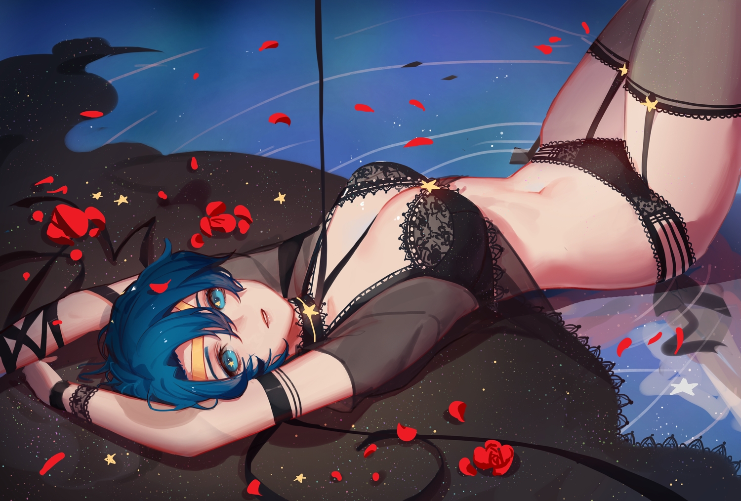 aqua_eyes, blue_hair, breasts, cleavage, garter_belt, mizuno_ami, navel, panties