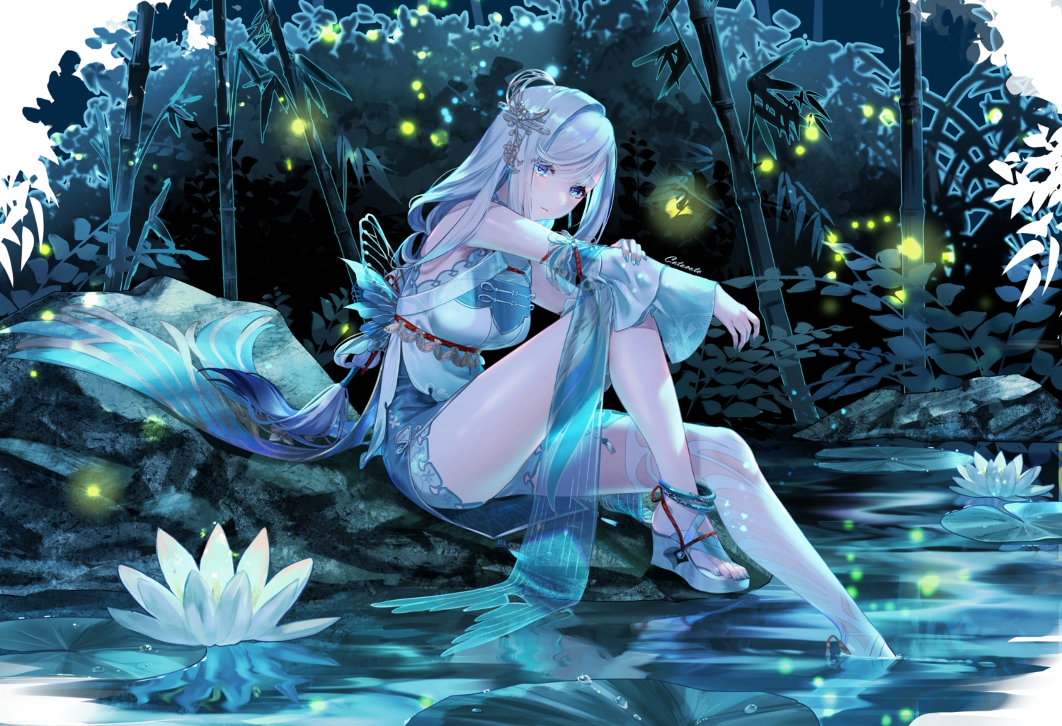 aliasing, flowers, genshin_impact, gray_hair, kotosuzu, long_hair, shenhe_(genshin_impact), water