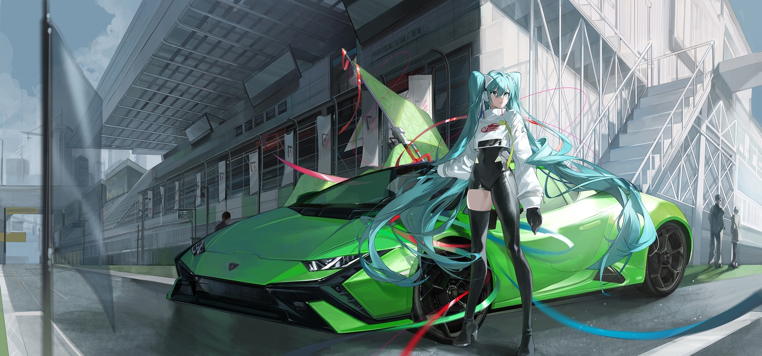 aqua_eyes, aqua_hair, boots, building, buri_(retty9349), car, hatsune_miku, headphones, long_hair, ribbons, stairs, thighhighs, twintails, vocaloid, zettai_ryouiki