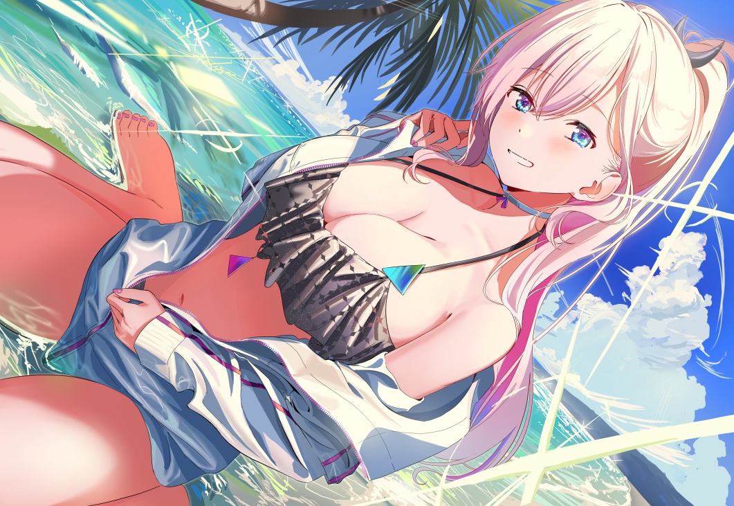 aqua_eyes, avatar_2.0_project, barefoot, bikini, breasts, choker, cleavage, clouds, musubime_yui, pink_hair, poligon046, ponytail, sky, swimsuit, water