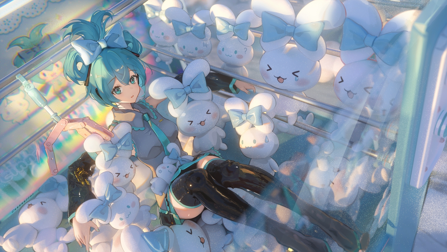 aqua_eyes, aqua_hair, boots, bow, caaaaarrot, cinnamoroll, hatsune_miku, sanrio