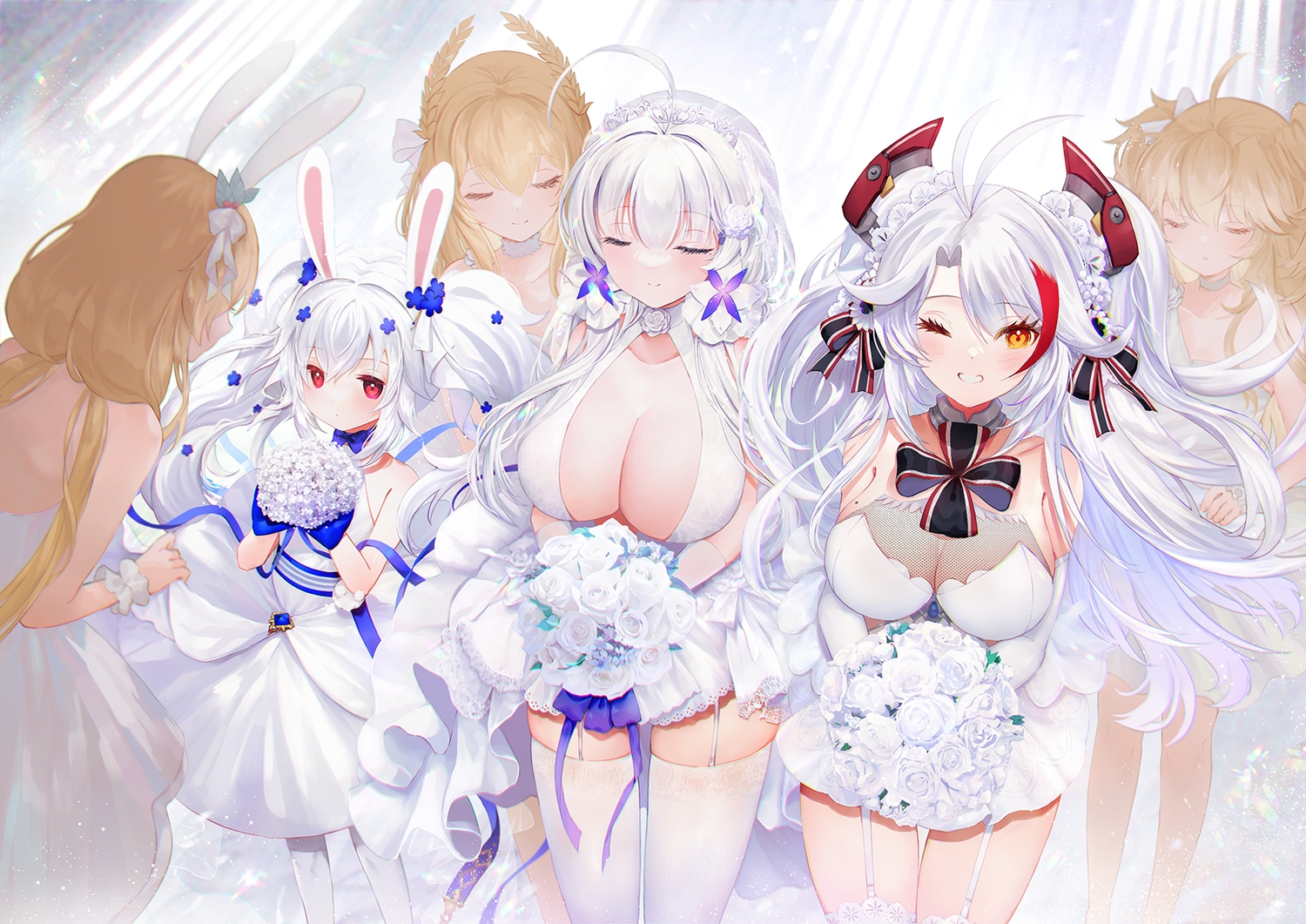 61um, admiral_hipper_(azur_lane), animal_ears, anthropomorphism, azur_lane, benson_(azur_lane), blonde_hair, breasts, bunny_ears, bunnygirl, cleavage, flowers, group, illustrious_(azur_lane), laffey_(azur_lane), loli, long_hair, orange_eyes, prinz_eugen_(azur_lane), red_eyes, rose, stockings, twintails, victorious_(azur_lane), wedding, wedding_attire, white_hair, wink