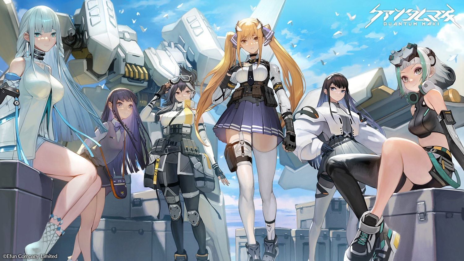 black_hair, blonde_hair, braids, brown_eyes, cassandra_(quantum_maki), clouds, flower_(quantum_maki), gray_eyes, gray_hair, group, logo, long_hair, mecha, niya_(quantum_maki), purple_hair, quantum_maki, shorts, skirt, sky, spica_(quantum_maki), tagme_(character), takayama_toshiaki, thighhighs, tilia_(quantum_maki), twintails