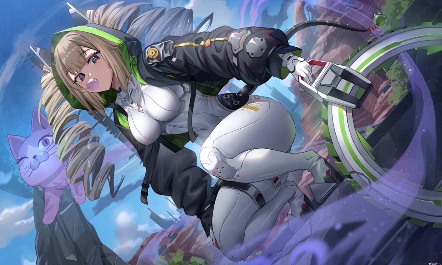 animal, animal_ears, blue_eyes, blush, bodysuit, brown_hair, cat, catgirl, clouds, gloves, hood, jeze, long_hair, magic, shiro_(tower_of_fantasy), signed, sky, tail, tower_of_fantasy, twintails, weapon