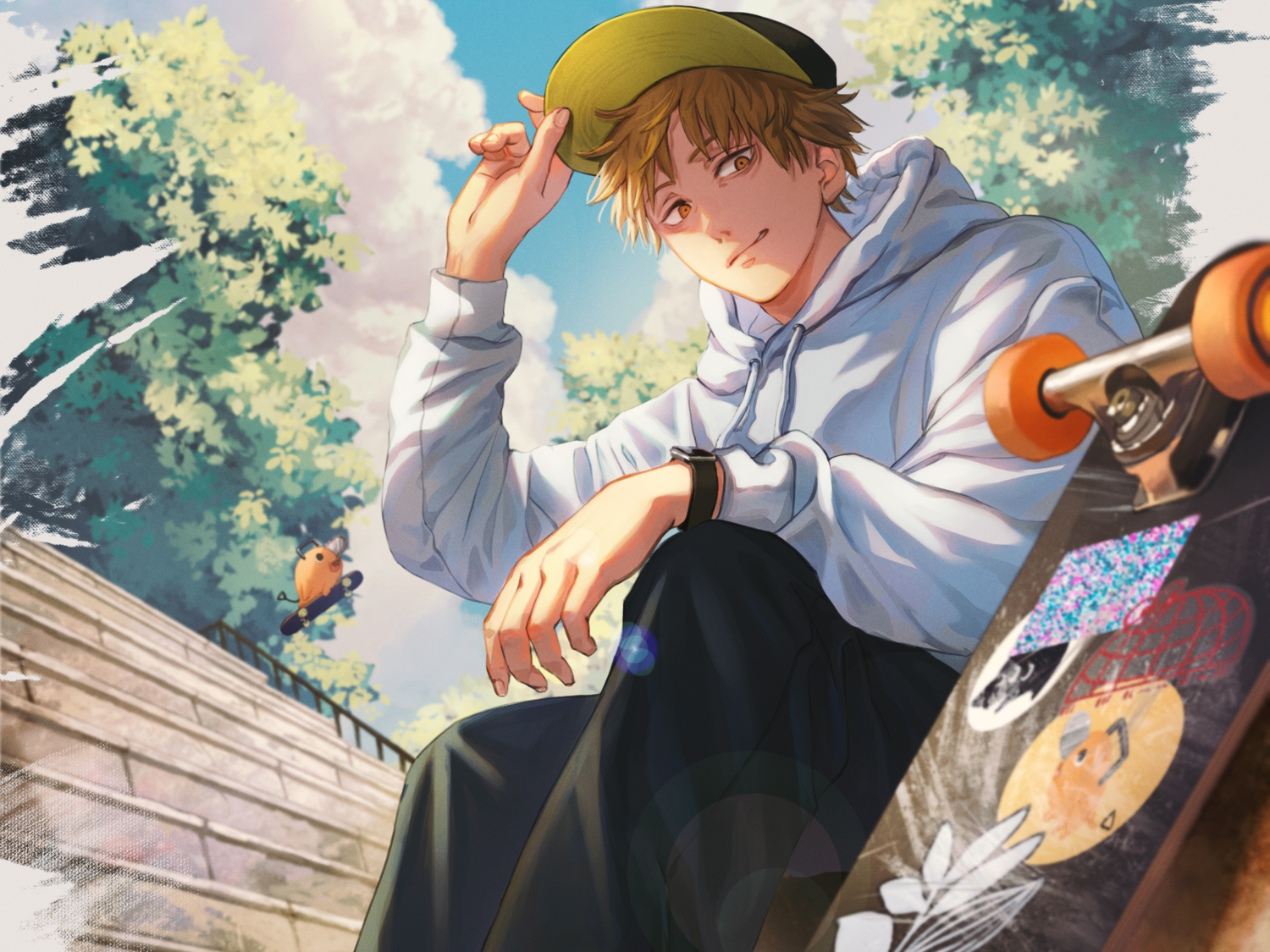 all_male, blonde_hair, chainsaw_man, champi, clouds, cropped, denji_(chainsaw_man), hat, hood, male, orange_eyes, pochita, short_hair