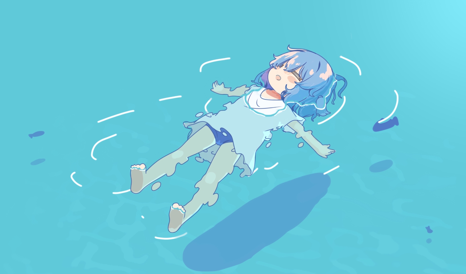animal, aoi_tori_(artist), barefoot, blue_hair, fish, loli, original, polychromatic