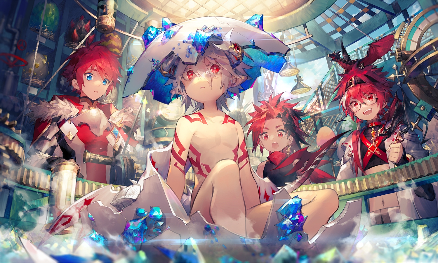 all_male, armor, blue_eyes, cape, dragon, elsword, elsword_(character), glasses