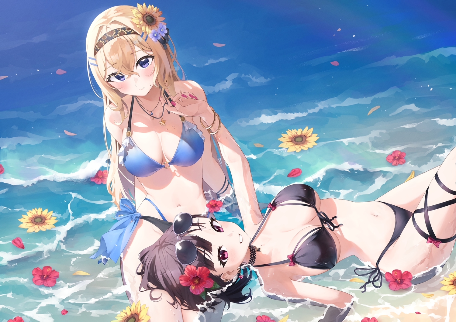 2girls, beach, bikini, blonde_hair, blue_eyes, breasts, cleavage, flowers