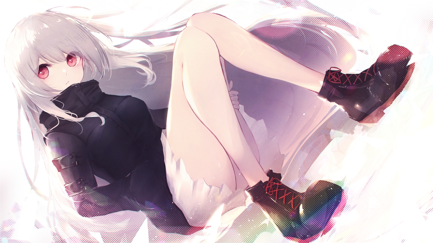 boots, gray_hair, long_hair, original, red_eyes, reizouko, skirt