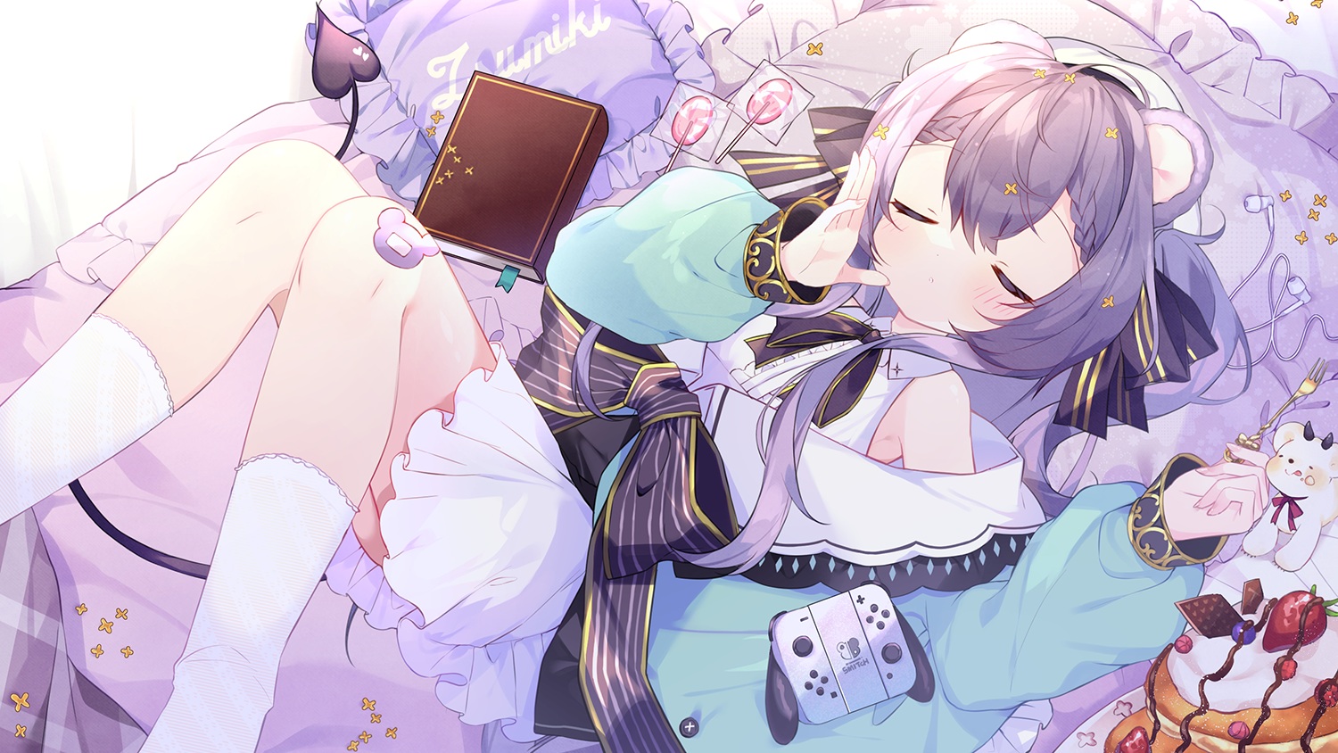 animal_ears, bandaid, bed, book, bow, cake, candy, dress, food, game_console, hat, loli, lollipop, long_hair, purple_hair, shizuki_tsumiki, suzuhara_(szhr_1103)
