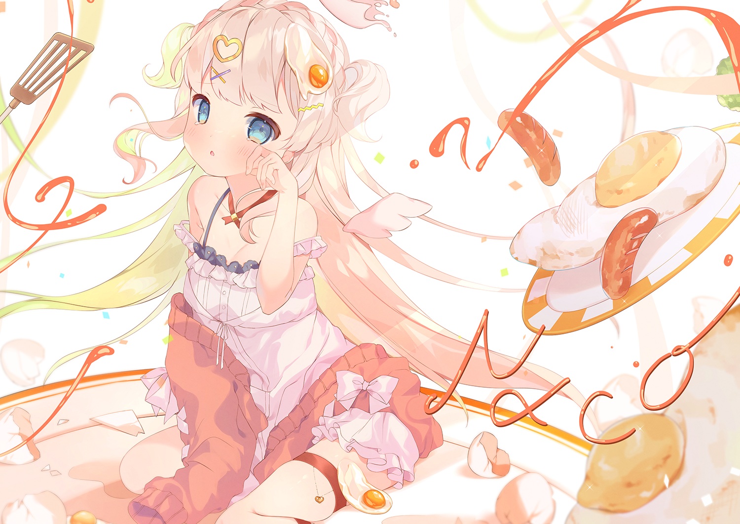 amamori_naco, blanche_fleur, breasts, cleavage, dress, food, garter, gray_hair