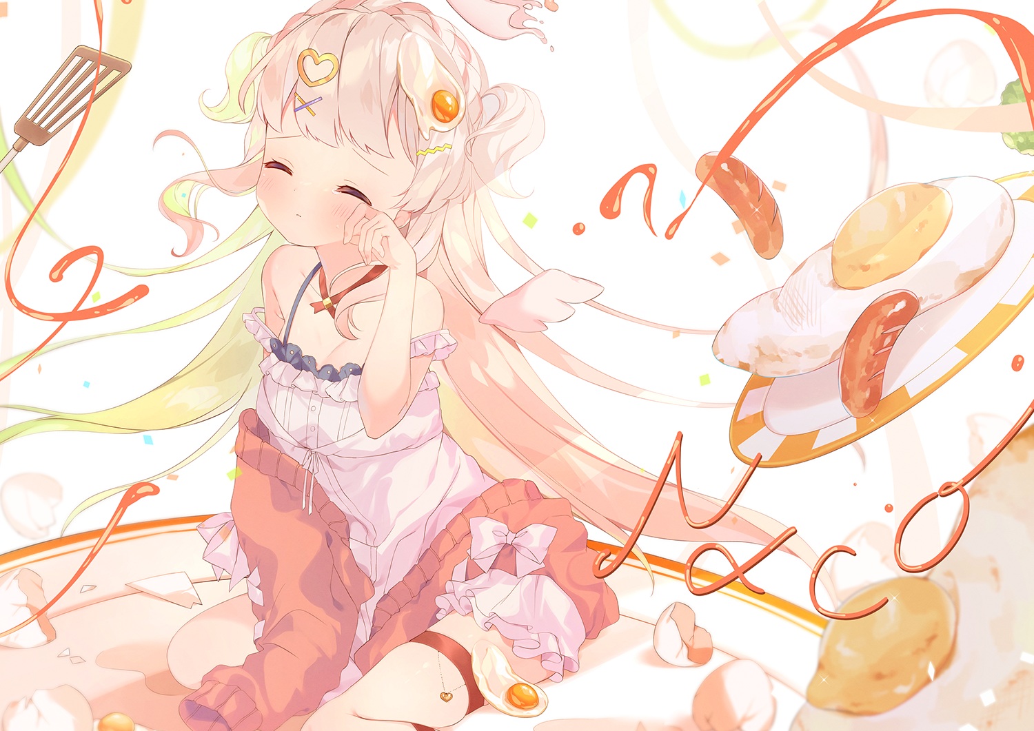 amamori_naco, blanche_fleur, breasts, cleavage, dress, food, garter, gray_hair
