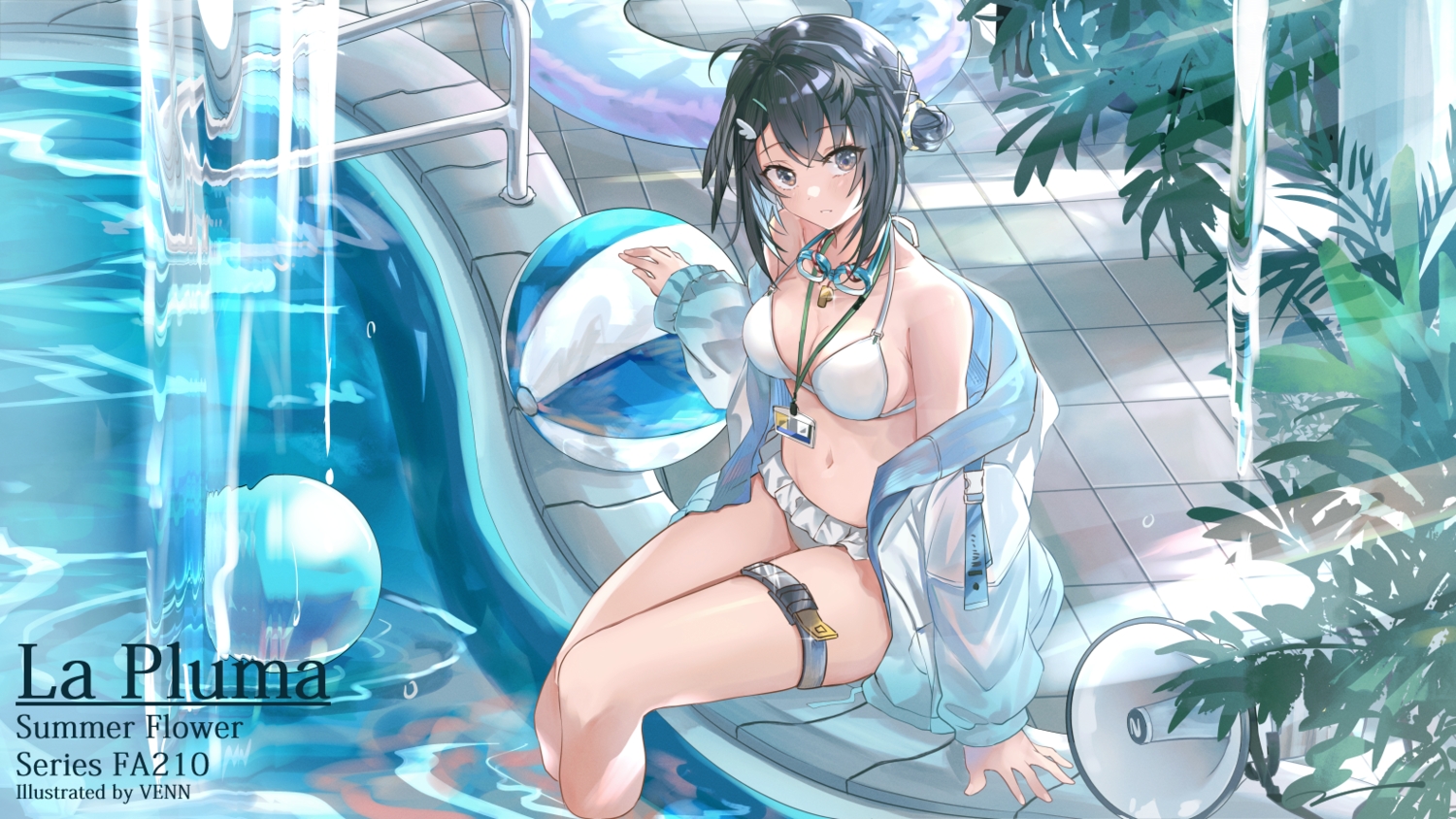 aliasing, arknights, ball, bikini, black_hair, brown_eyes, garter, la_pluma_(arknights)