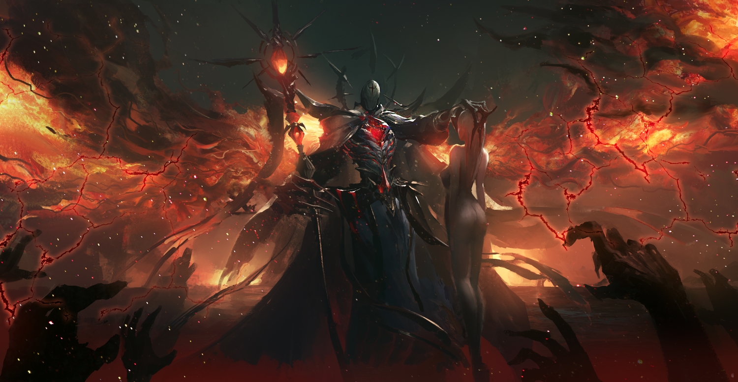 armor, ass, cape, dramaturge_of_despia, fire, leo-dont-want-to-be-a-painter, long_hair, polychromatic, staff, yu-gi-oh