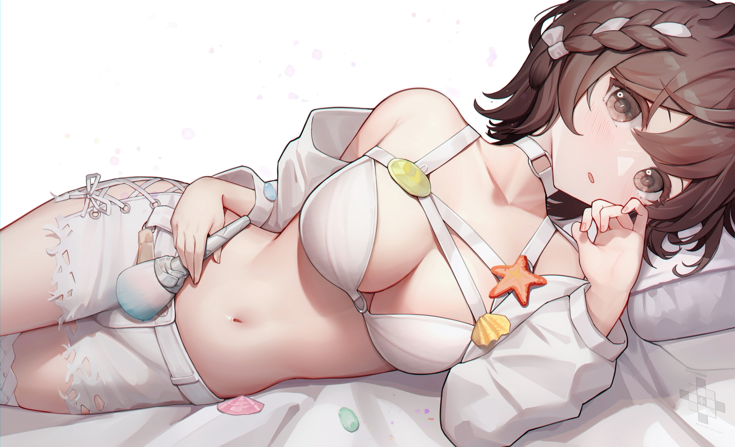 animal_ears, arknights, bikini_top, braids, breasts, brown_eyes, brown_hair, cleavage