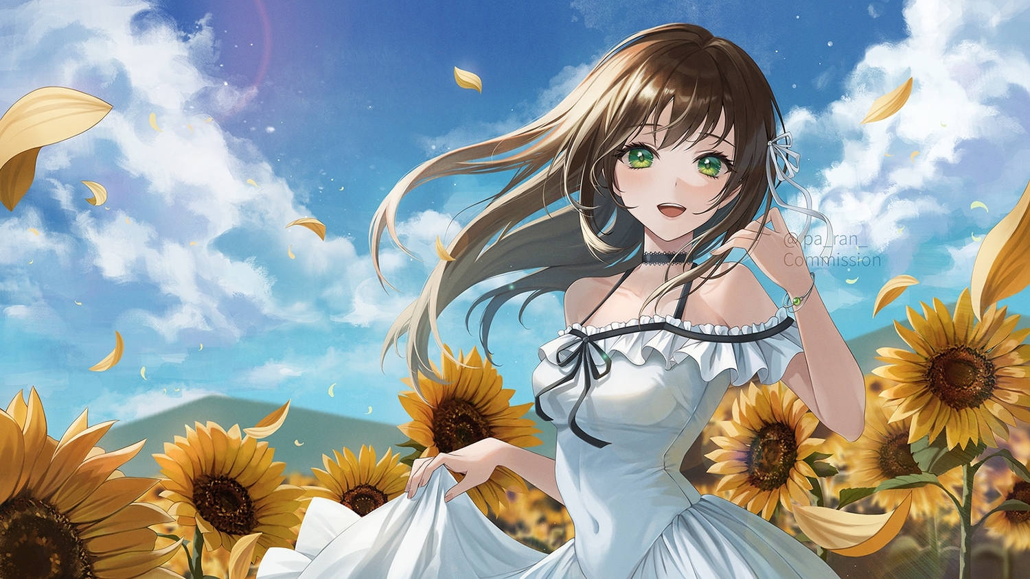brown_hair, choker, clouds, dress, flowers, green_eyes, long_hair, original, paran, petals, skintight, skirt_lift, sky, summer_dress, sunflower, watermark, wristwear